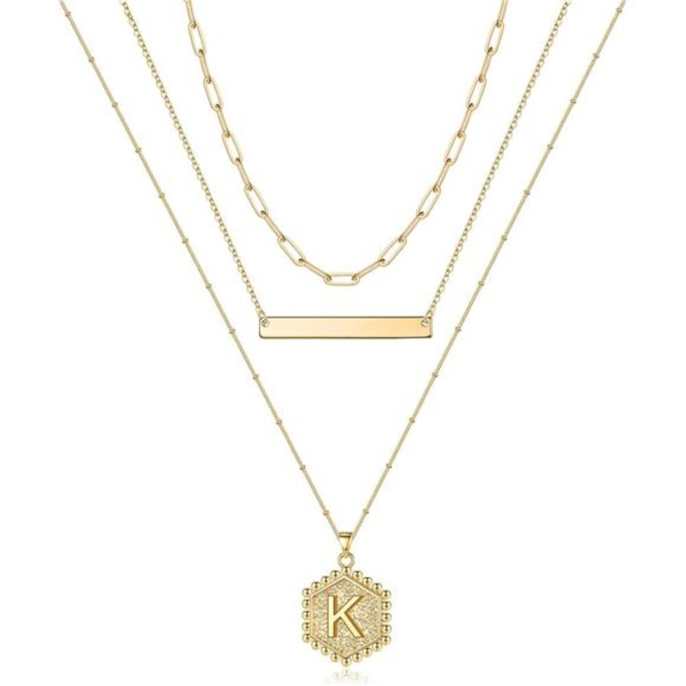 Gold Layered Initial Necklaces for Women, 14K Gold Plated Bar Necklace Handmade